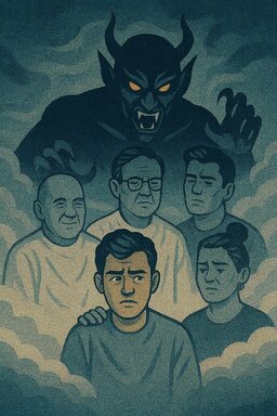 Neale Donald Walsch: Karmic Puppet Scenarios Exposed: A group of people with a demon behind them.