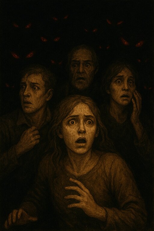A group of people in fear with the demon eyes lurking from the dark.