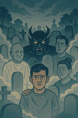 Neale Donald Walsch: Karmic Puppet Scenarios Exposed: A group of people on graveyard with a demon behind them.