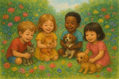 Neale Donald Walsch: Karmic Puppet Scenarios Exposed: Kids playing with puppies in garden.