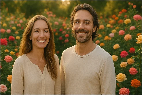 A smiling couple in a garden of beautiful roses. 