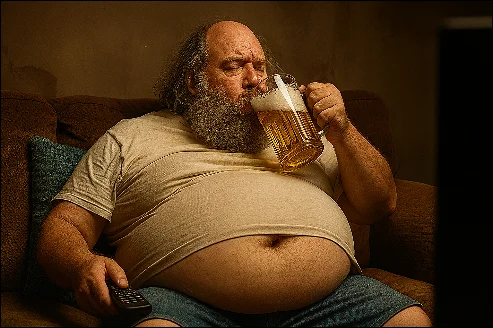 Awakening Into Pure Awareness: A man with a big belly sitting on the couch drinking big beer. 