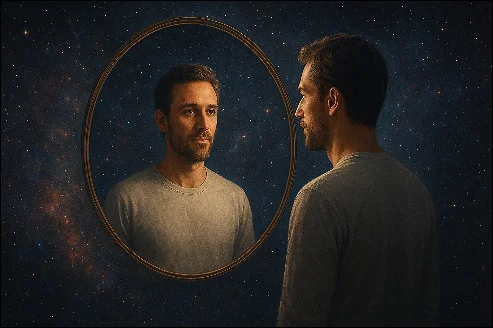 A young man is observing himself in a mirror. 