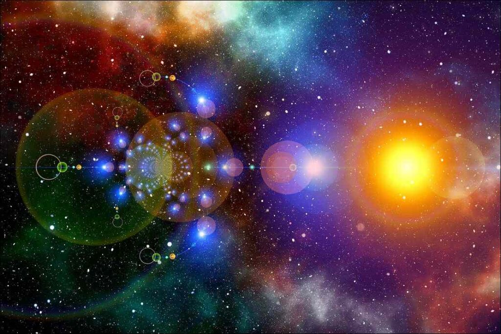 Cosmos with bright galaxies and stars.