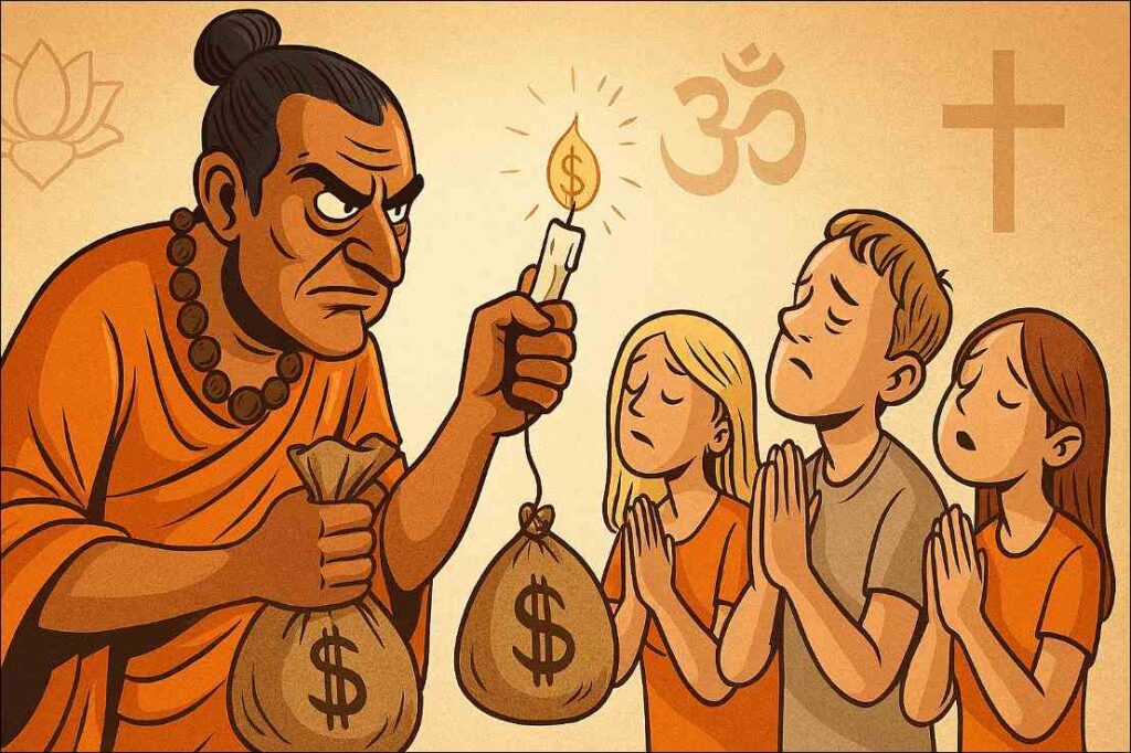 Best Pure Awareness Awakening Books: A guru with sacks full of money and naive believers praying.