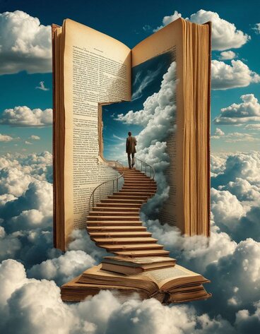 A book in a sky with a stairway to heaven.