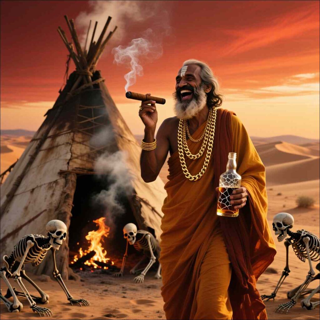 Best Pure Awareness Awakening Books: Guru in front of a sweat lodge, smiling, smoking and drinking whiskey, while skeletons are on the floor around him.