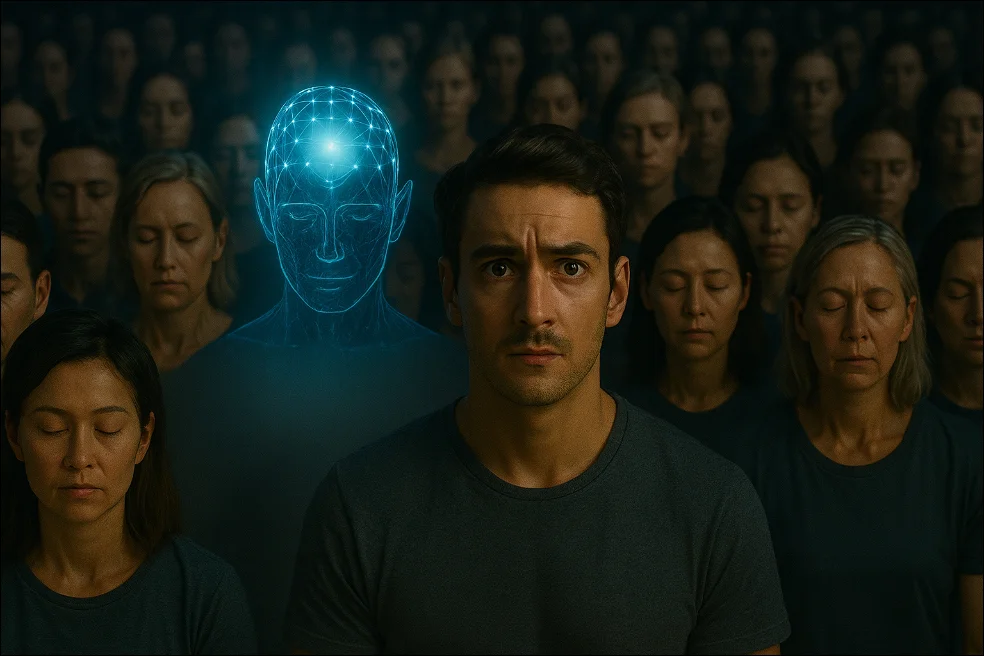 A group of people in deep hypnosis, among them is a light being.
