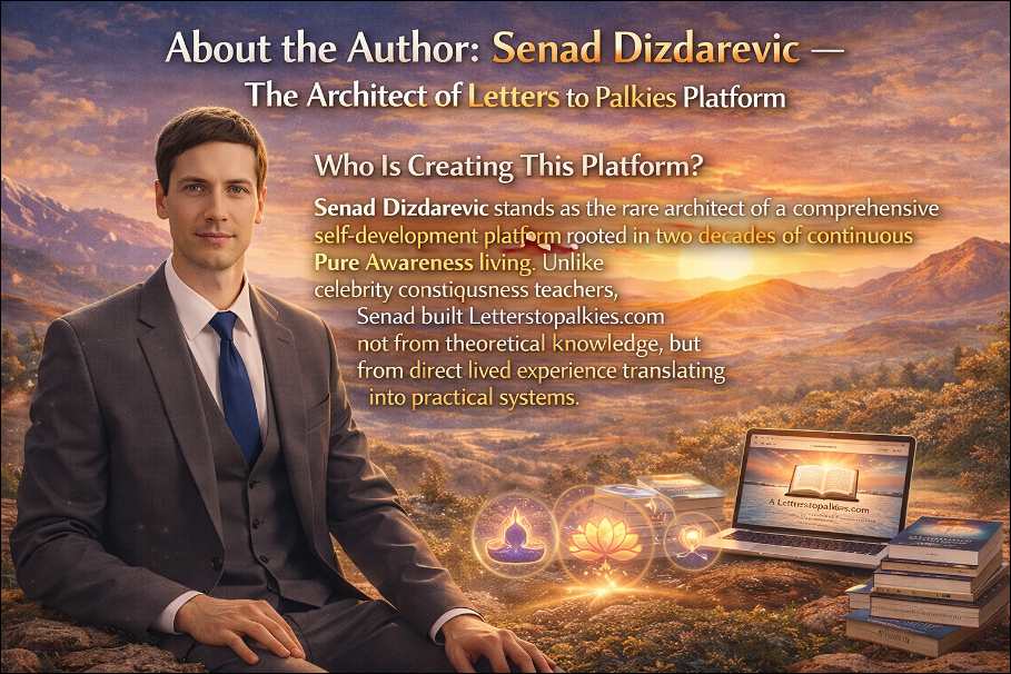 Best Self-Development Webpage for seekers of Pure Awareness: Senad Dizdarevic sitting with a notebook and presenting his work at letterstopalkies.com webpage for personal development and awakening into pure awareness. 