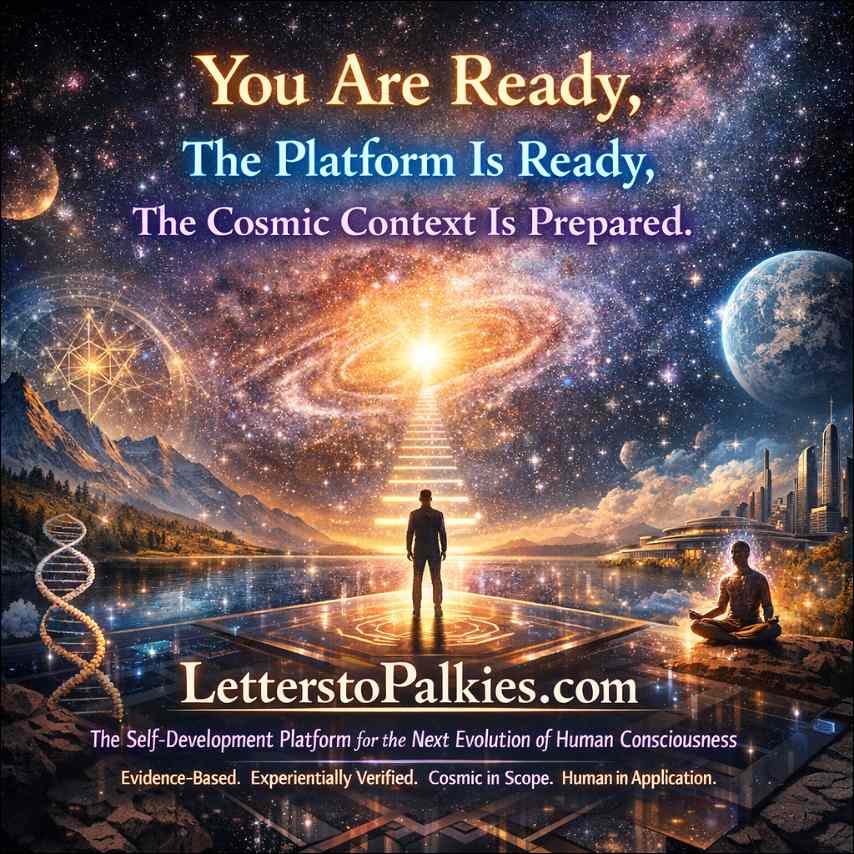 Best Self-Development Webpage for seekers of Pure Awareness: A man standing on a platform with a stairs into light in front of him and a sign LetterstoPalkies.com