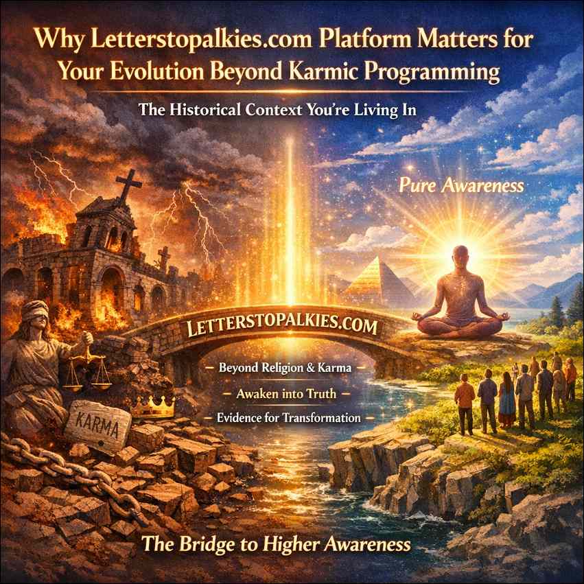 Best Self-Development Webpage for seekers of Pure Awareness: On the lefts side, old world with ruined churches, over the bridge with a sign Letterstopalkies.com is a new world with awakened people. 