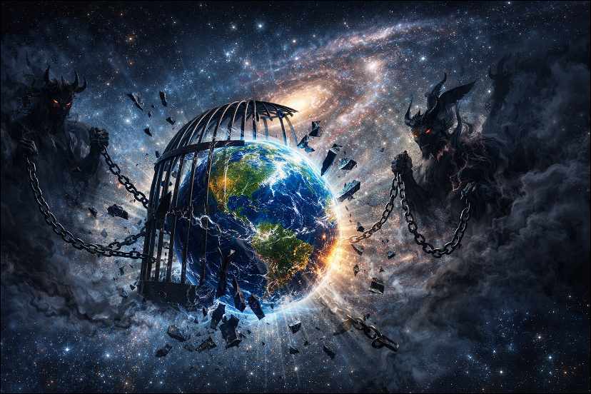 The Creator Absorbic Karmic System and Karmic Organization: Earth is liberating from prison while demons are standing around it. 