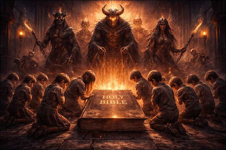 The Creator Absorbic Karmic System and Karmic Organization: Children in karmic prison on their knees giving enforced oath on the bible with demons in front of them 