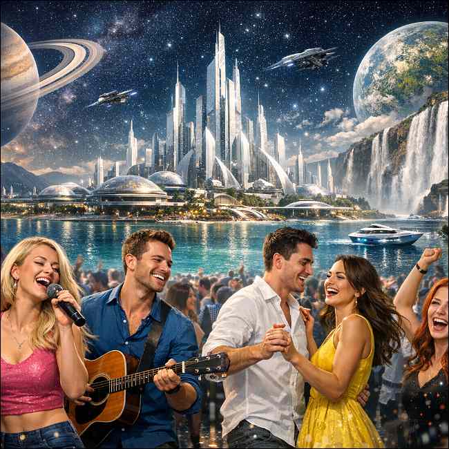 People on futuristic planet singing, dancing and playing guitar. 