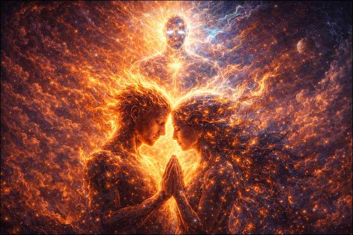 Twin flames - one being divided into two, a pair of man and woman. 