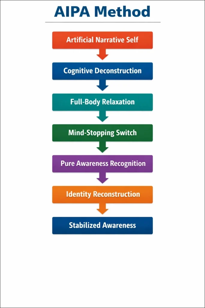 AIPA Method Academic Publications: AIPA Method conceptual model showing stages from artificial narrative self to stabilized pure awareness