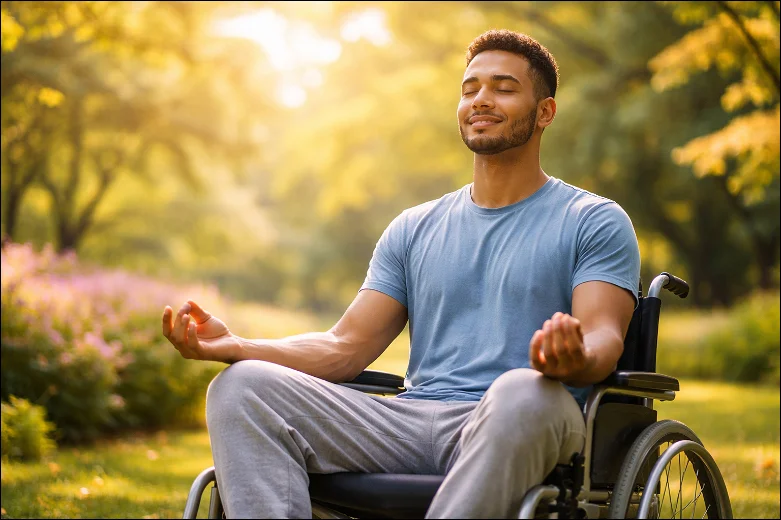 A man is sitting in a wheelchair and meditating in nature, smiling. 