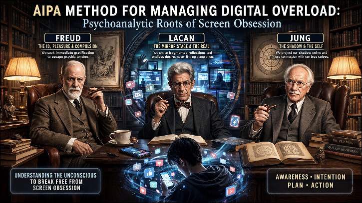 AIPA Method for Managing Digital Overload: Freud, Lacan and Jung sitting with books before them on the table. 