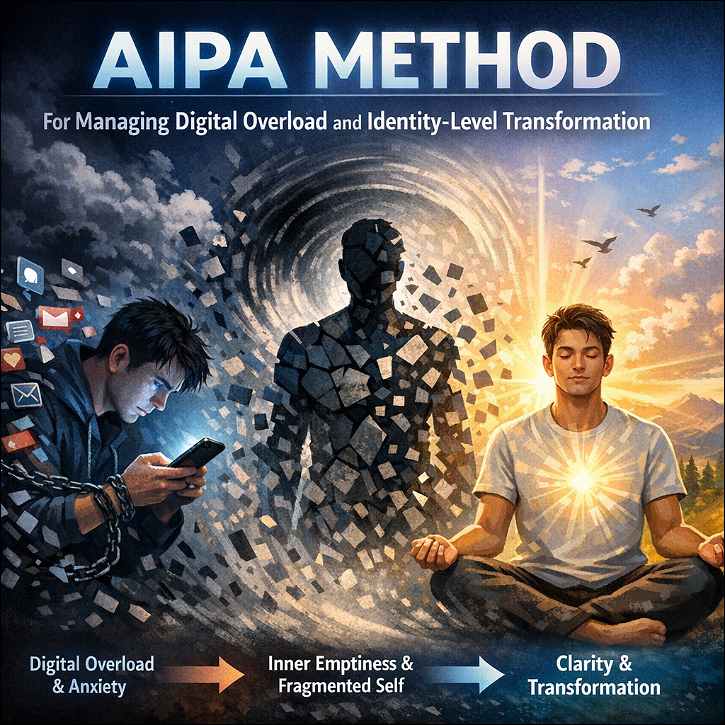 AIPA Method for Managing Digital Overload: On the left, a young boy lost in mobile phone, in the middle, a fragmented man, on the right, transformed man sitting in mediation. 