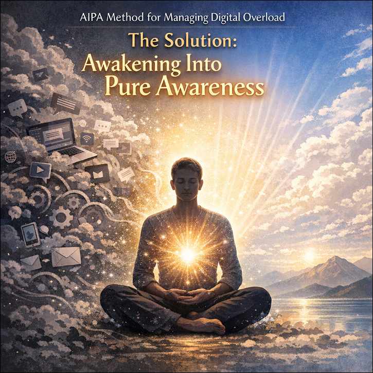 A man, sitting and meditating with a light in his heart. 