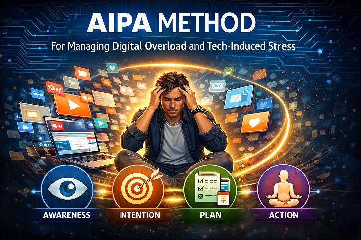 A man in a stressful digital overload situation with many media around him. 