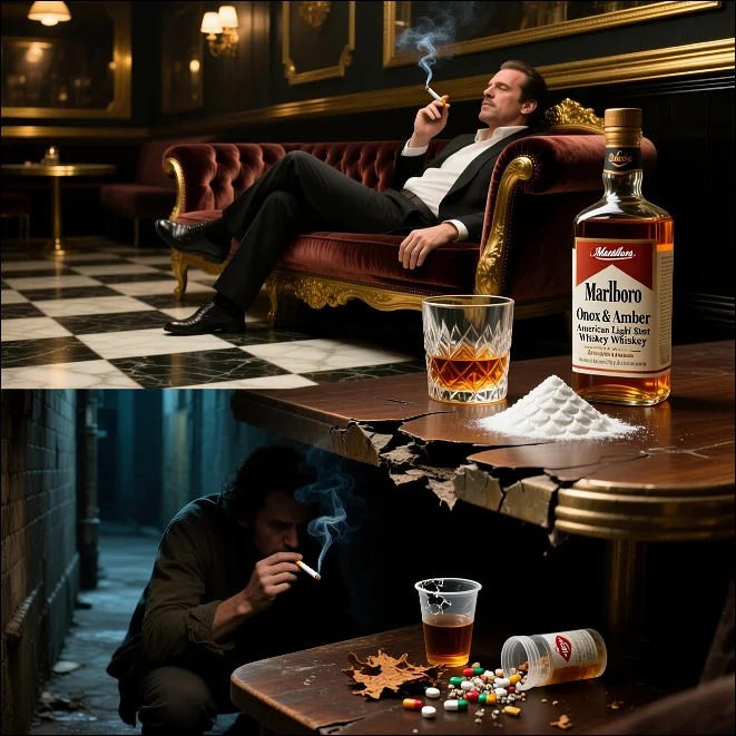 Anxiety Bags for Smokers, Alcoholics, and Drug Users: A rich man smoking cigarette on the sofa, and a poor man smoking under the table.