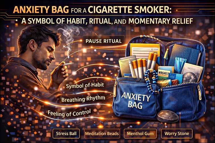 A man with a cigarette and anxiety bag in front of him.