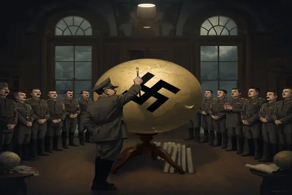 Hitler painting swastika on Earth globe with Nazi officers — the failed artist who made the world his canvas of Evil.