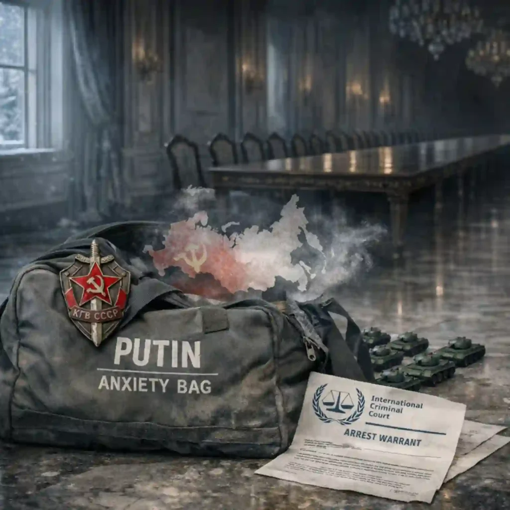 Putin anxiety bag contents — KGB badge Soviet ghost ICC arrest warrant and the AIPA Method.