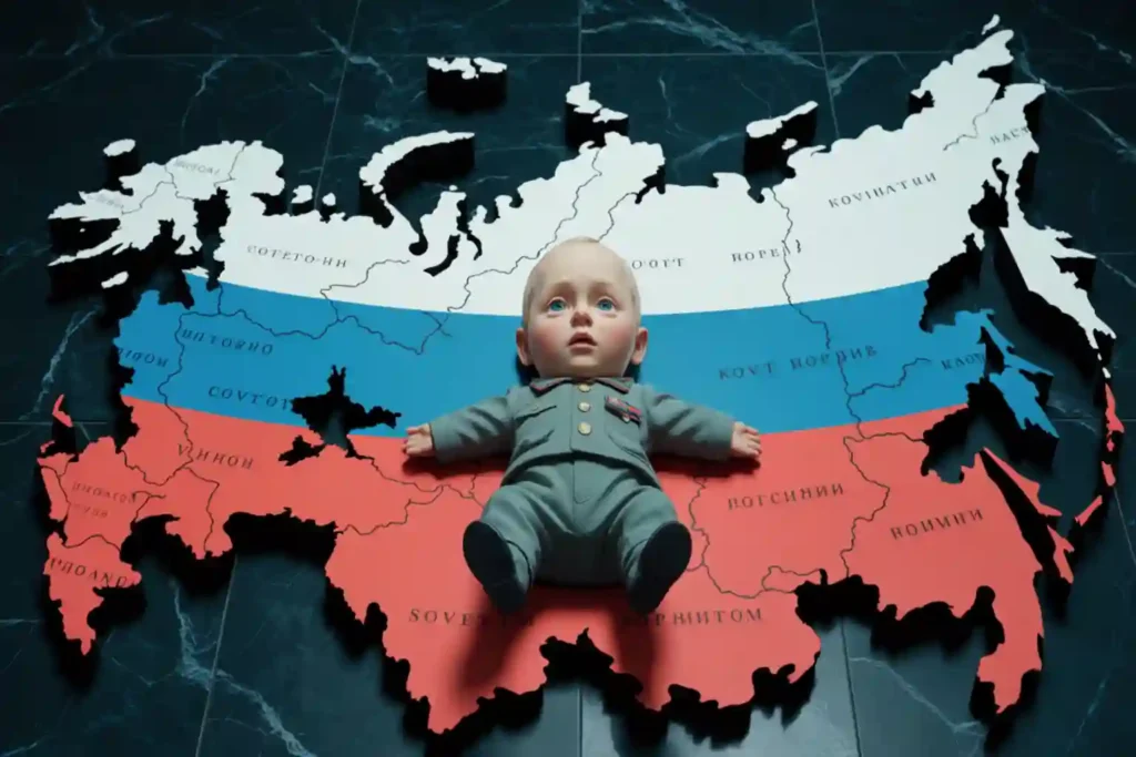 Putin body as Soviet Union map shrunken to small Russia — anxious baby in Soviet uniform representing imperial wound and karmic anxiety.