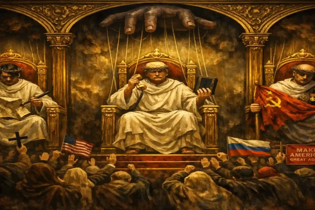 Hitler, Trump and Putin as divine emissaries on golden thrones — the karmic hierarchy of Dividers gods dictators and believers.