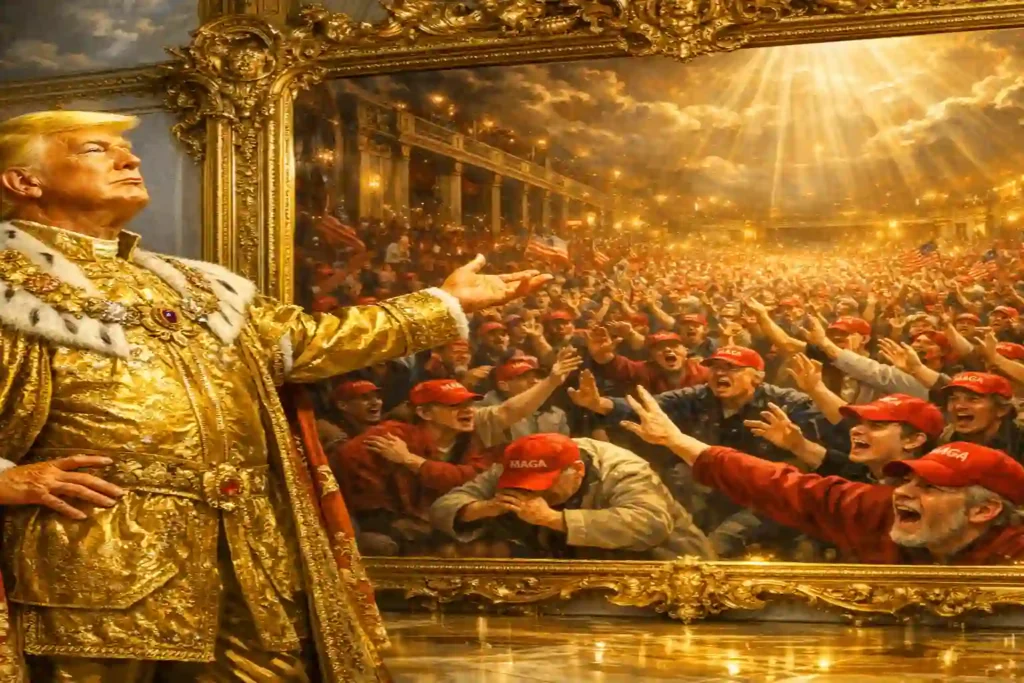 Trump gold emperor mirror MAGA believers reflection — the Lacanian mirror stage as presidential politics.